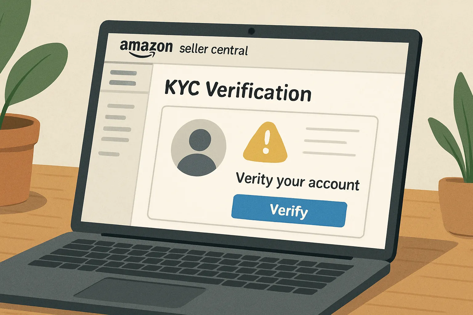 Laptop screen showing Amazon Seller Central UI prompting KYC verification for a seller's account.