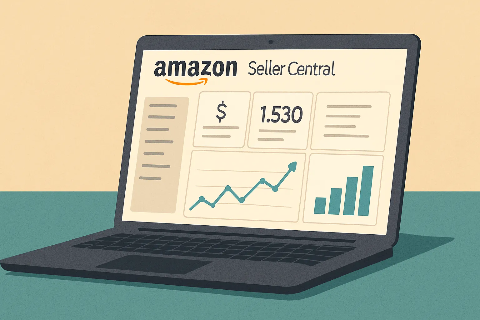 Laptop displaying Amazon Seller Central dashboard