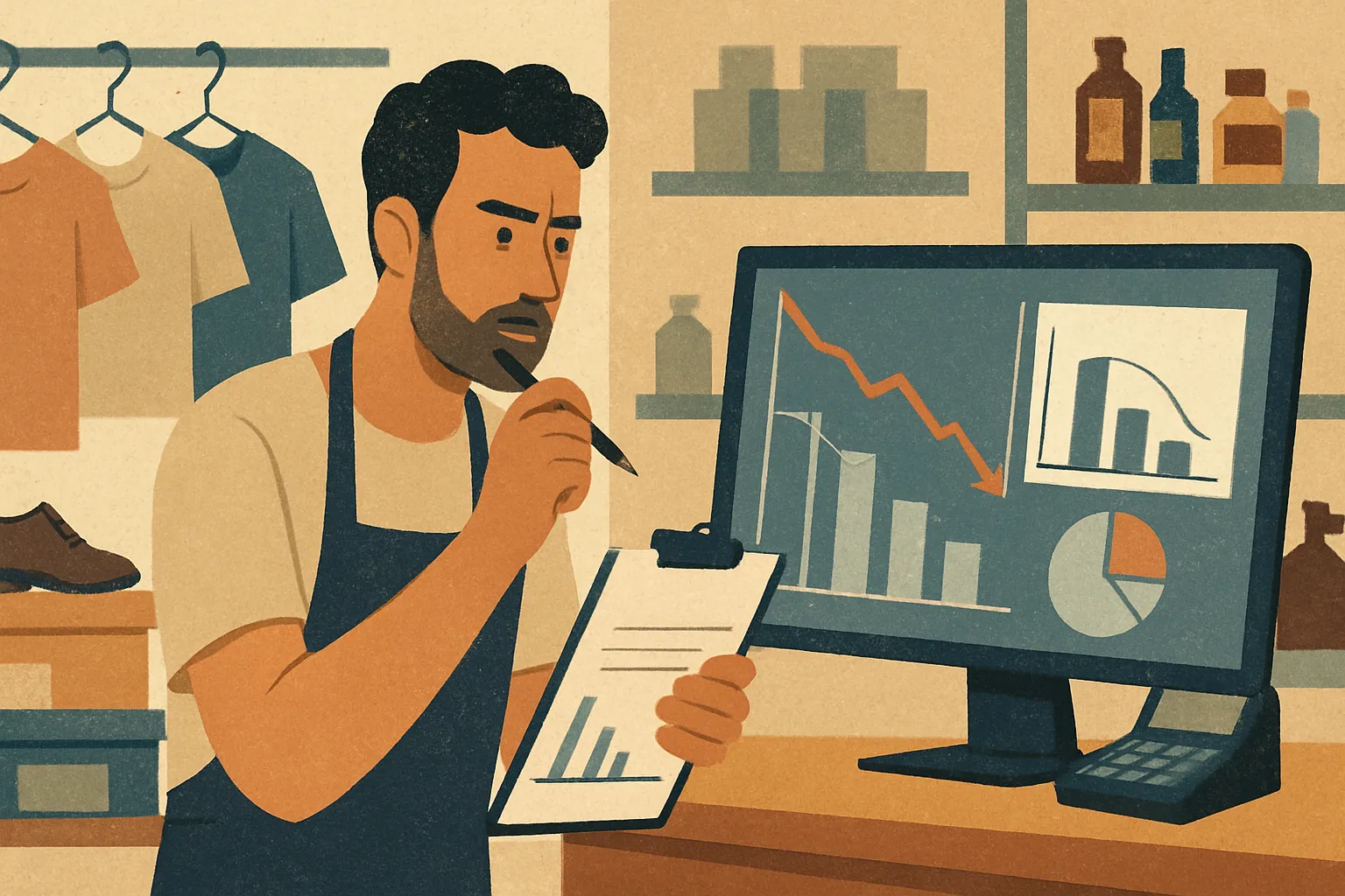 Shop owner analyzing market data