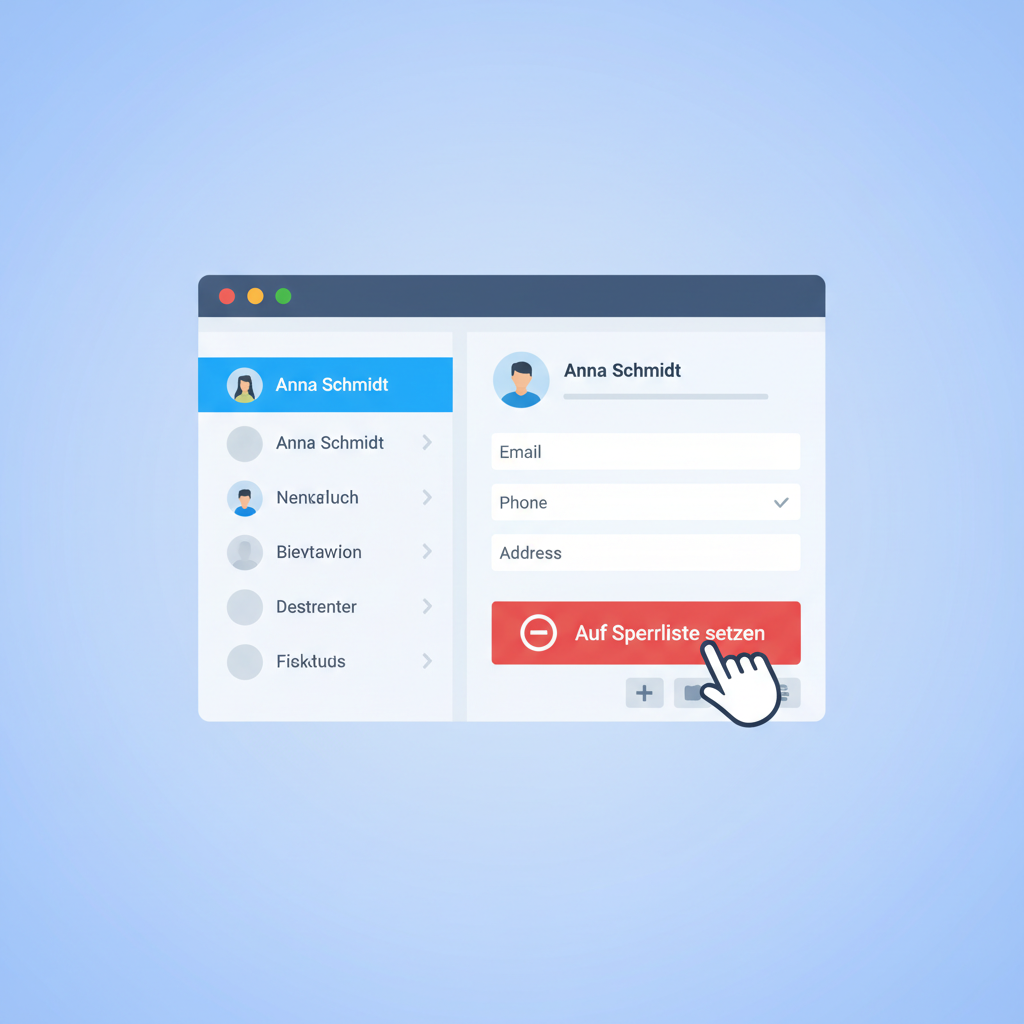 Eine stilisierte Darstellung einer CRM-Software, die einen Kontakt auf eine Sperrliste setzt.